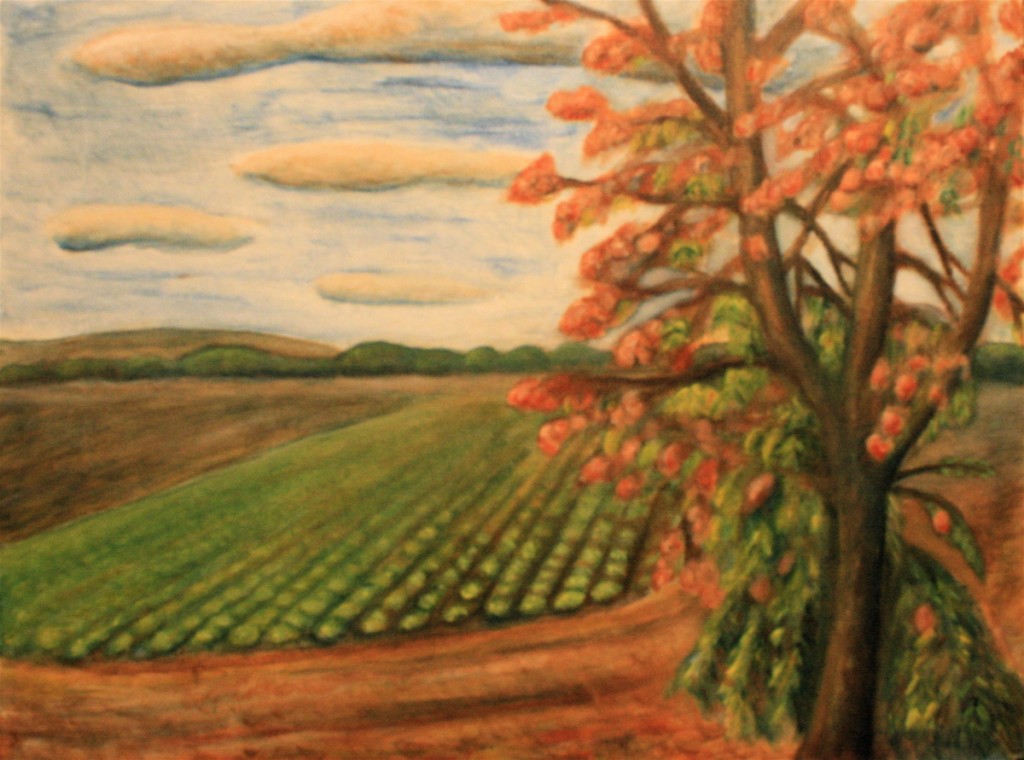 Painting of a tree and crops